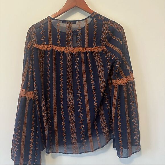 BCBGMaxazria Size S Navy and Orange Sheer Long Sleeve Layering Blouse - Picture 3 of 4